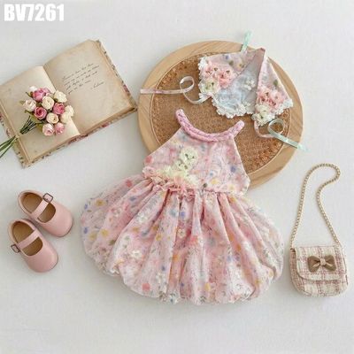 Body Váy Sơ Sinh Bé Gái Cổ Yếm Họa Tiết Hoa Nhí Đính Hoa 3D Kèm Mũ Công Chúa MINTSCLOSET BV7261