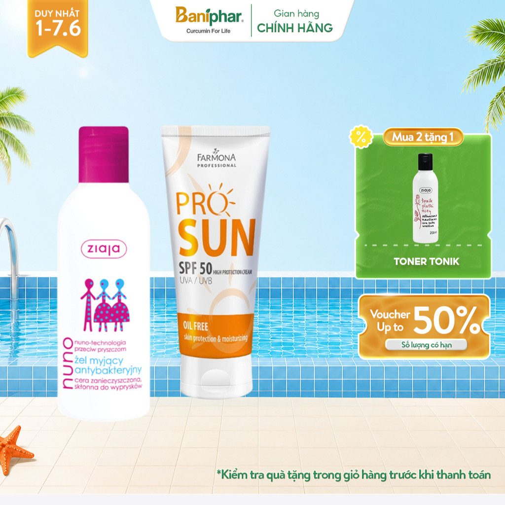 Combo Kem Chống Nắng Farmona Professional Pro Sun High SPF50 50ml Và Sữa Rửa Mặt Ziaja Nuno Không Gâ