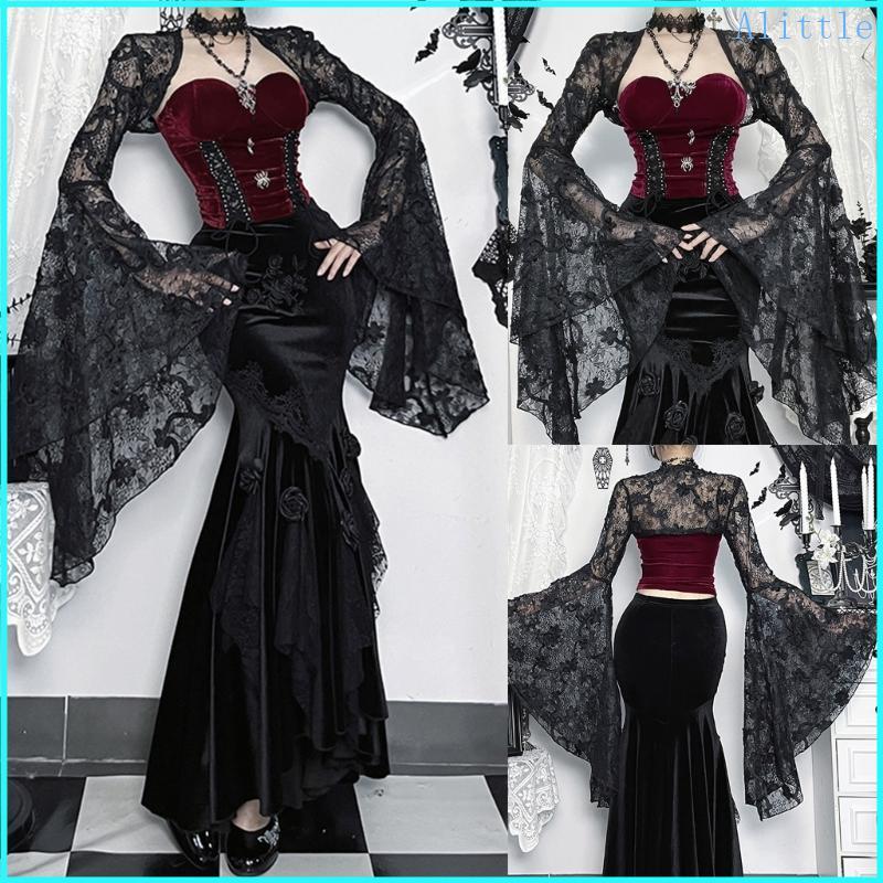 Alia Nữ Gothic Sheer Hoa Ren Boleros Shrug Hồng Dài Tay Crop Cardigan