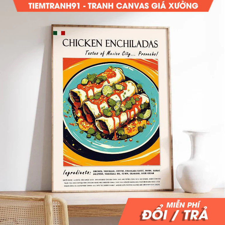 Tranh treo tường, Chicken Enchiladas Mexican Poster, Mexican Food Art, tặng kèm đinh treo, in theo y