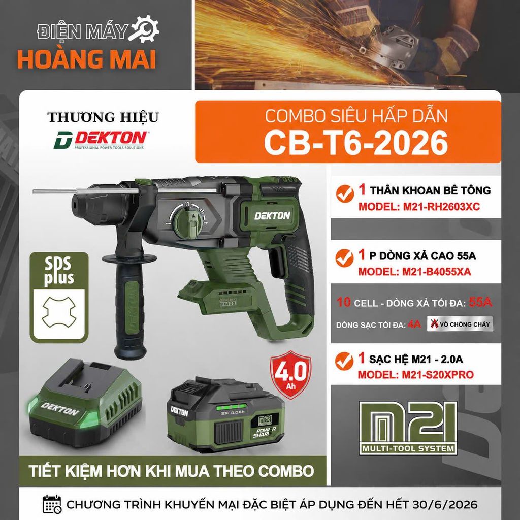Combo Khoan Bê Tông DEKTON M21-RH2603XC, Pin 4.0Ah M21-B4055XA, Sạc 2.0Ah M21-S20XPRO (XANH OLIU)