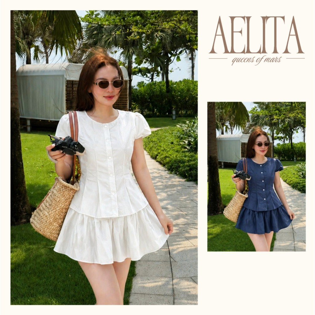 Set áo kiểu nữ thô mềm kèm chân váy ngắn bồng tiểu thư nữ tính AELITA - TR28