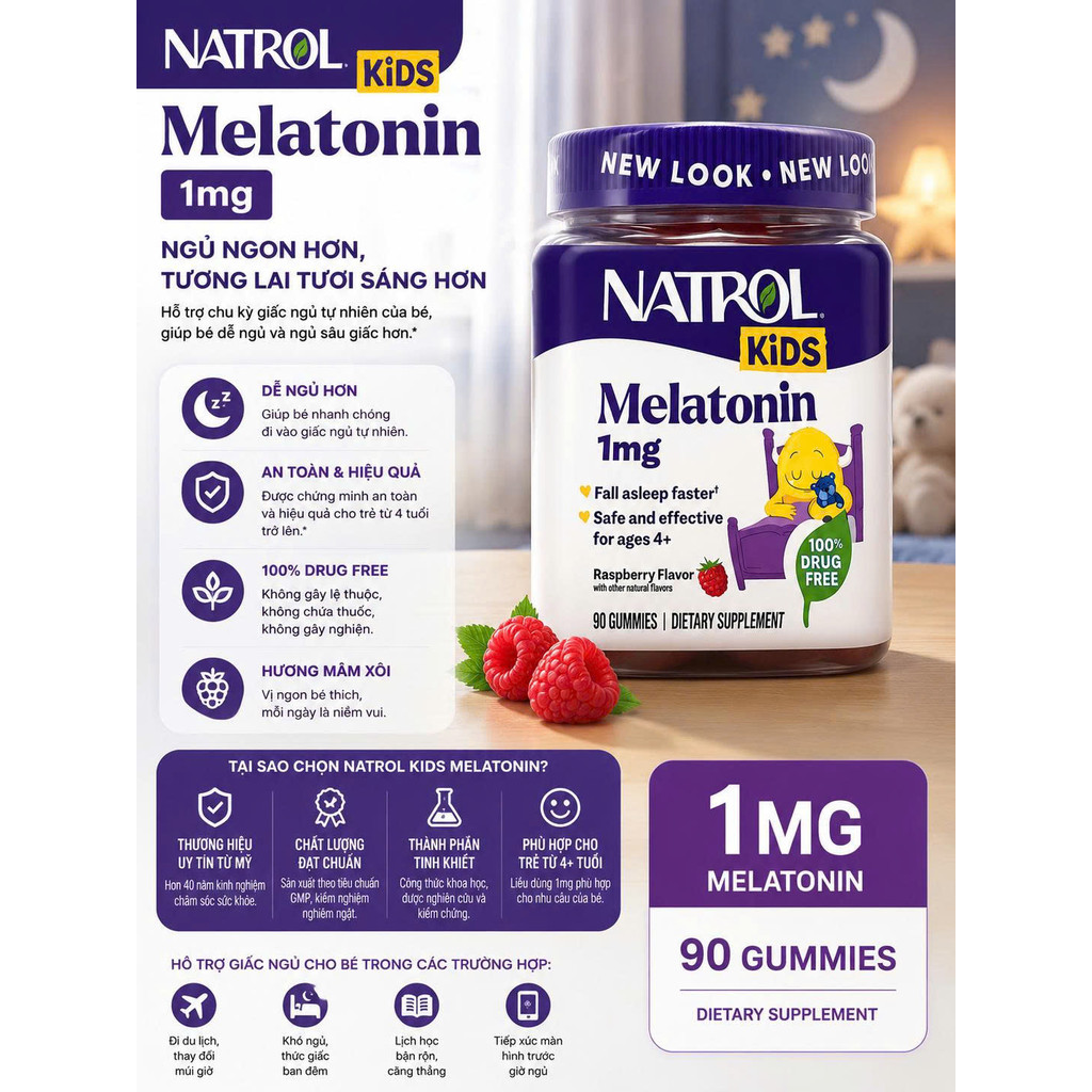 1mg 90 viên Kẹo dẻo ngủ ngon cho bé Melatonin natrol kids CHÍNH HÃNG MỸ
