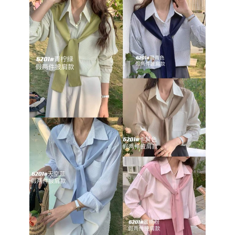 JANG STORE Áo sơ mi kẻ nhỏ tay dài kèm khăn may liên hàng QC 2340 jang store