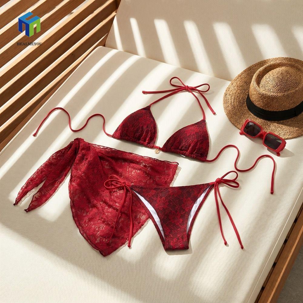 HEALMEYOU Bộ Bikini Brazil Gợi Cảm, Đồ Bơi Ba Mảnh Lưới Nylon, Đi Biển Dây Đỏ Váy Ren Bikini Tắm