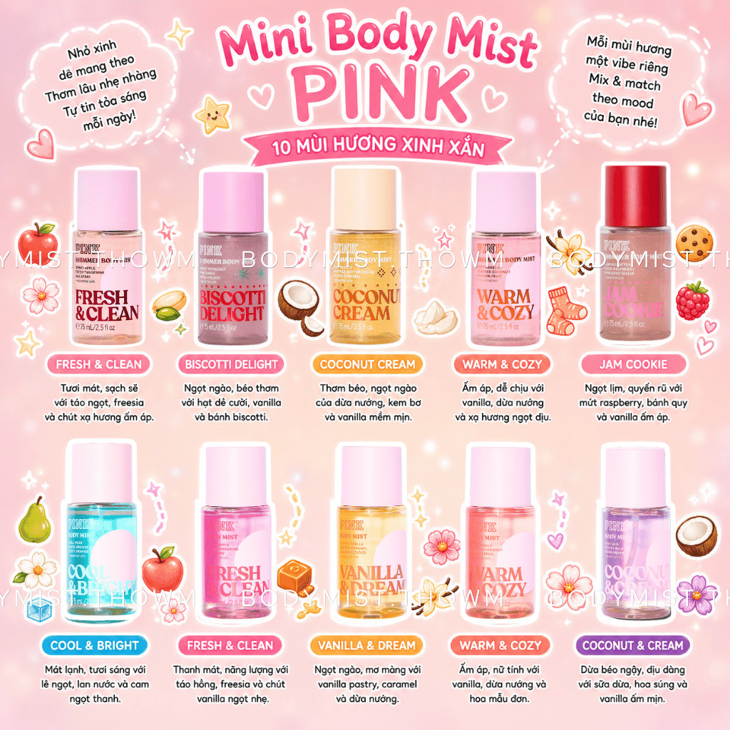 [ TRAVEL SIZE ] Cool & Bright | Fresh & Clean | Vanilla Dreamy - Body Mist Pink 75ml