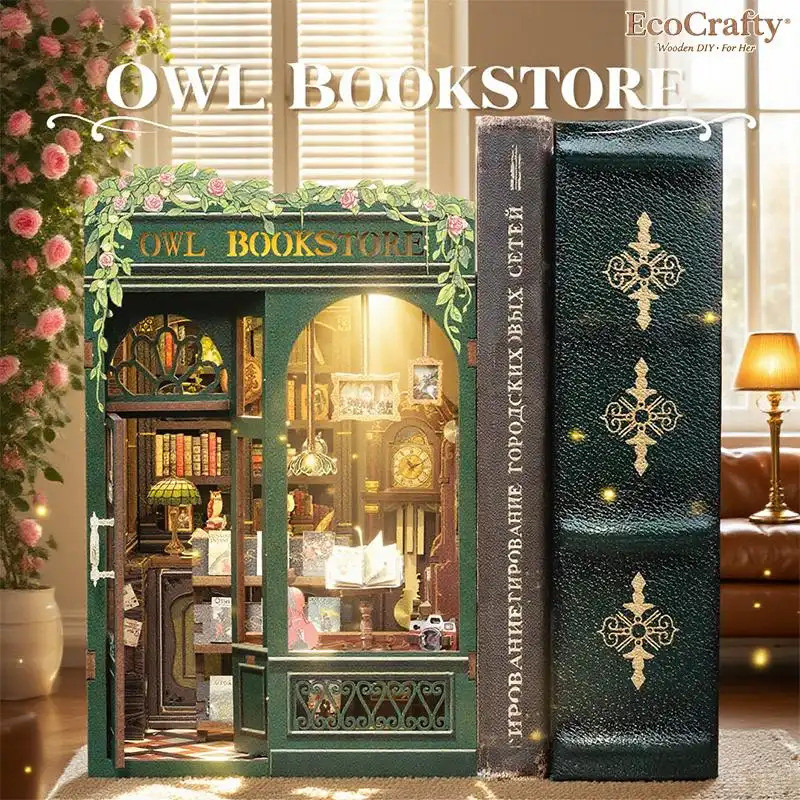 EcoCrafty Owl Bookstore DIY Miniature Booknook Bộ đồ nội thất bằng gỗ dành cho người lớn Thanh thiếu