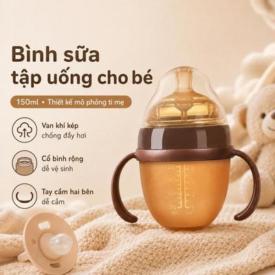 Bình sữa tập uống cho bé Cốc tập uống 150ml cổ rộng dễ vệ sinh van khí kép chống đầy hơi tay cầm hai bên