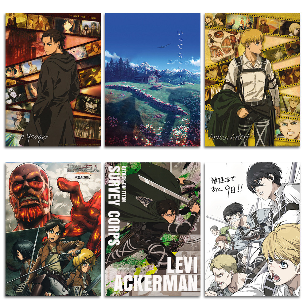 Poster Attack on Titan Tranh Dán Tường Eren Tóc Dài Levi Ackerman Mikasa Armin Binh Đoàn Điều Tra Có