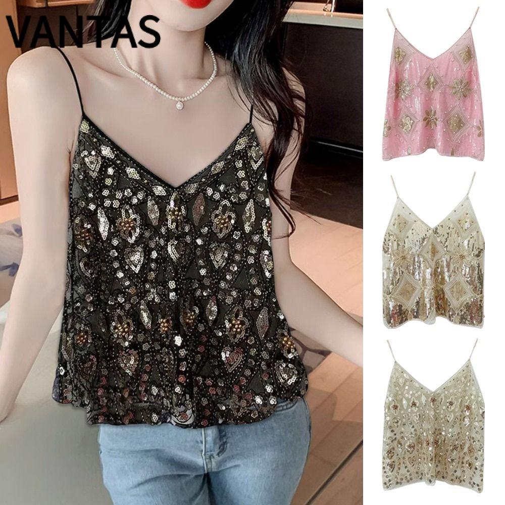 Áo ngực dây VANTAS, Áo tăng mùa hè Bling Bling Bling, Áo Vest dạo phố cổ chữ V giản dị cho nữ