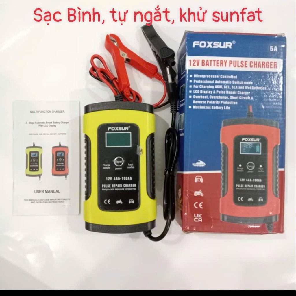 FOXSUR 12V 5A Bộ Sạc Ắc Quy Kèm Phục Hồi Bình, Tự Ngắt Khi Đầy, Khử Sunfat