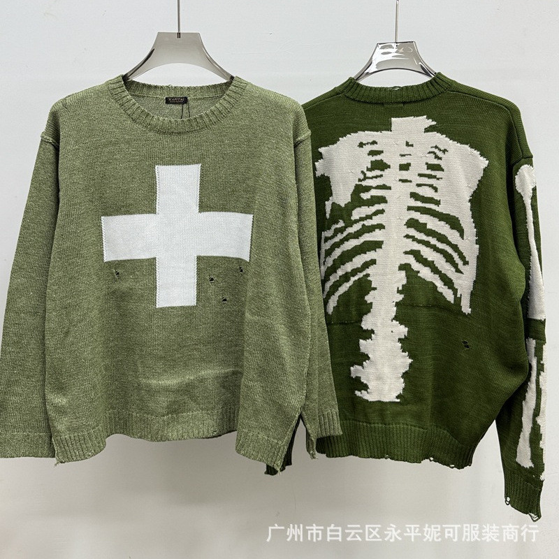 NZSA Kapital Sweater Cross-patterned ripped sweater, Japanese retro pullover, loose long-sleeved kni