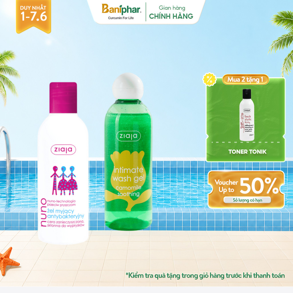 Combo Dung Dịch Vệ Sinh Gel Intimate ZIAJA Làm Sạch,Cân Bằng Độ pH 200ml Và Sữa Rửa Mặt Nuno Không G