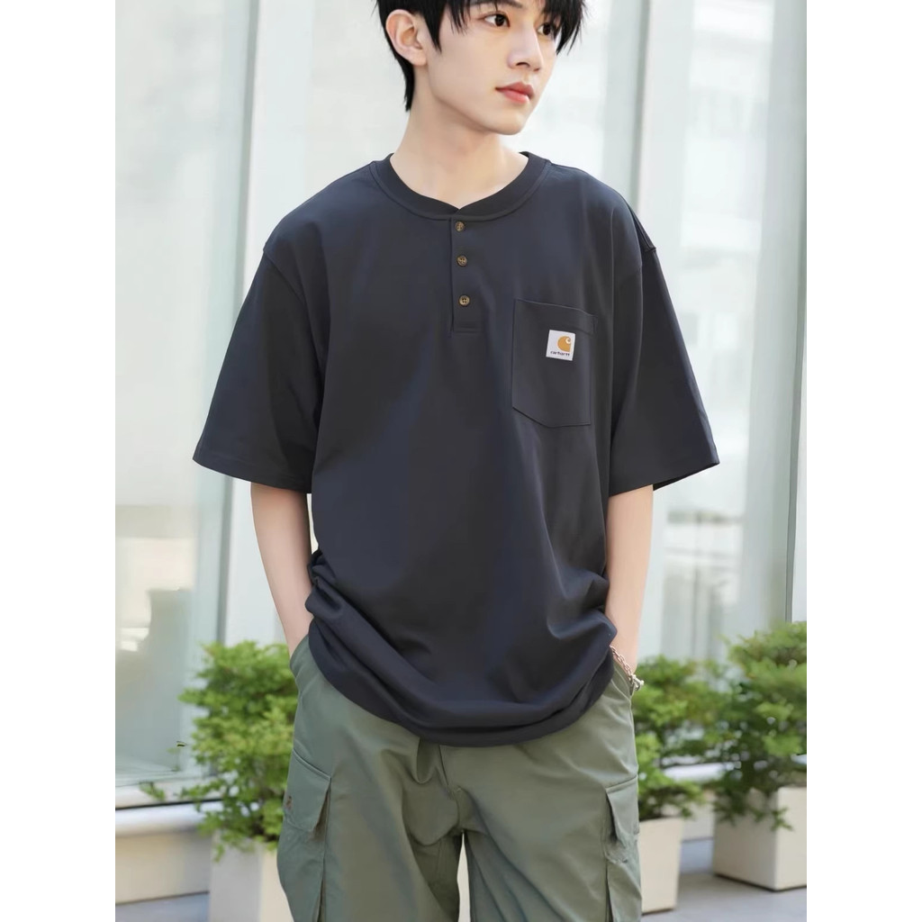 KL6C Car*** American retro style henley collar pullover short sleeve shirt T Versatile men's shirt