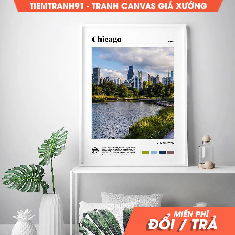 Tranh treo tường, Chicago Poster, Illinois, Chicago Wall Art, home decor, in theo yêu cầu, tặng kèm 