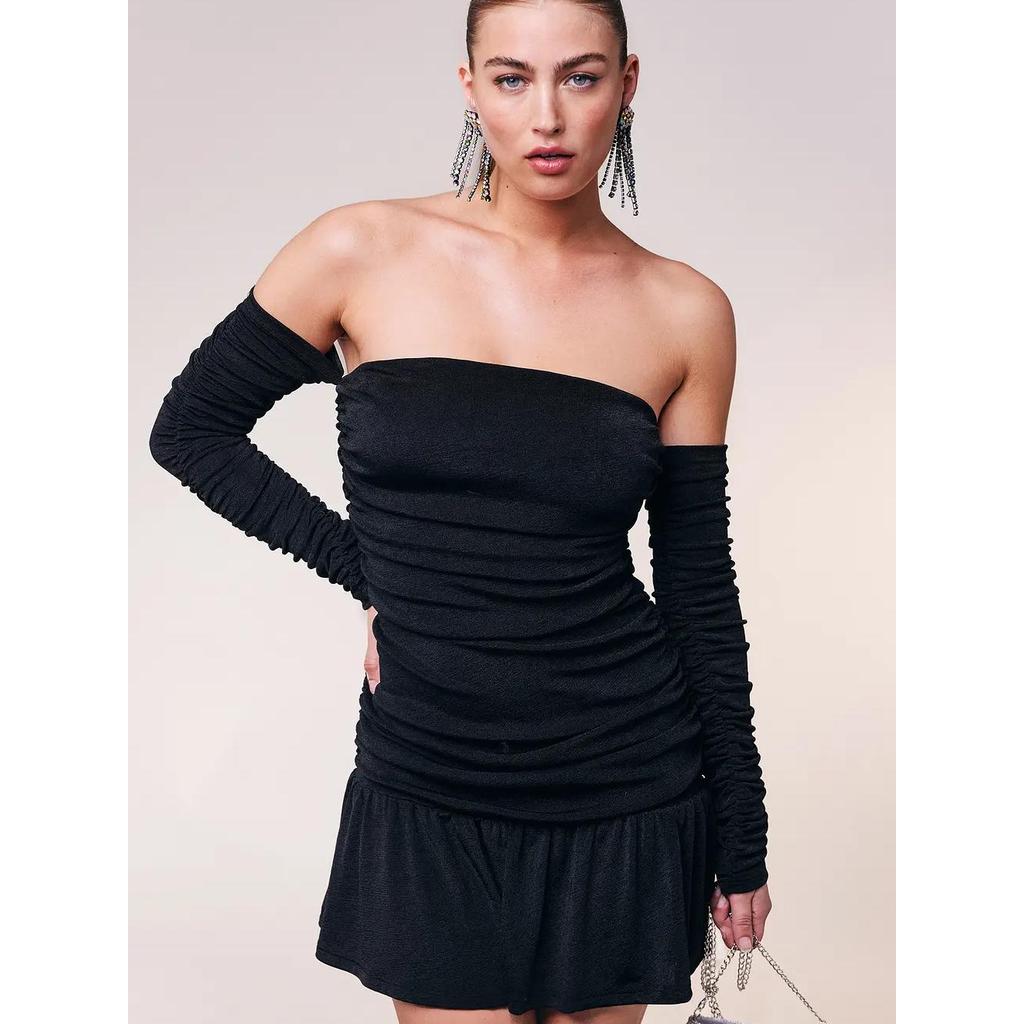 Ngoại Thương loavie Đen Off-the-Shoulder Off-the-Shoulder Xếp Ly Mini Váy Ngắn Mini