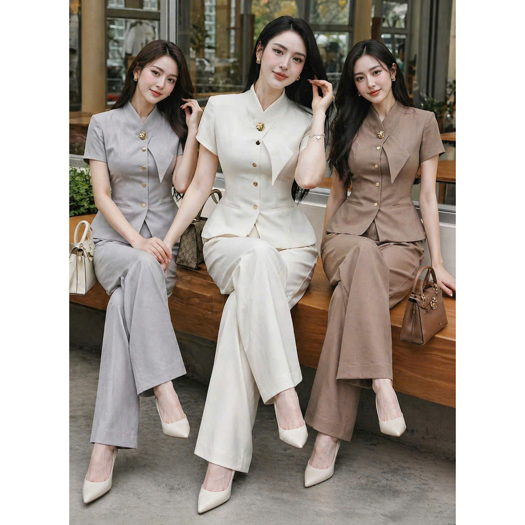 Set Bộ VEST Nữ Dài CÔNG SỞ Tay Ngắn THỜI TRANG Thiết Kế Xu Hướng PHỐI NÚT Kèm Phụ Kiện Thanh Lịch NY