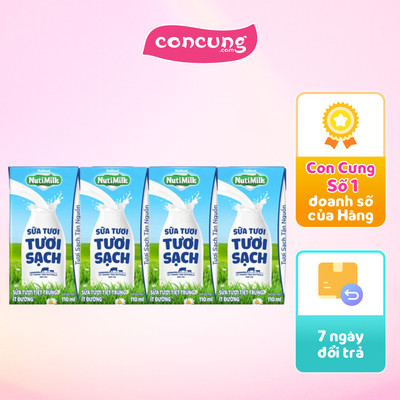 Thùng Sữa tươi sạch tiệt trùng Nutimilk, ít đường, 110ml (lốc 4 hộp)