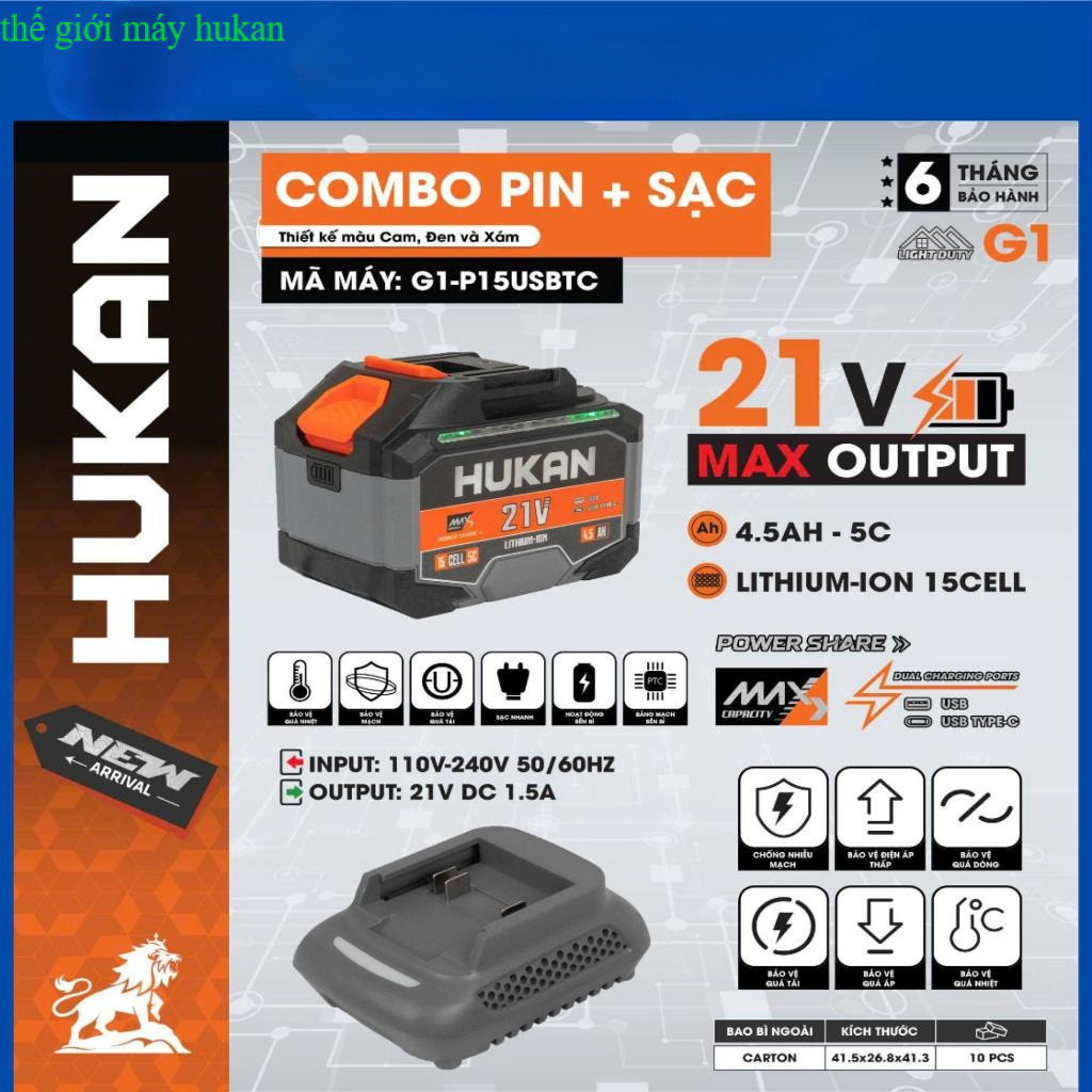 [CỔNG USB & TYPE C] Combo Phụ Kiện 15 Cell HUKAN G1-P15USBTC, Dung Lượng 4.5Ah, THẾ GIỚI MÁY HUKAN