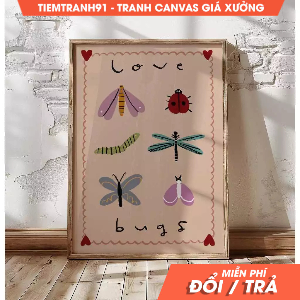 Tranh treo tường ,Love Bugs Print, Eclectic Illustration Art, Bedroom Art, Animal Illustration , tặn