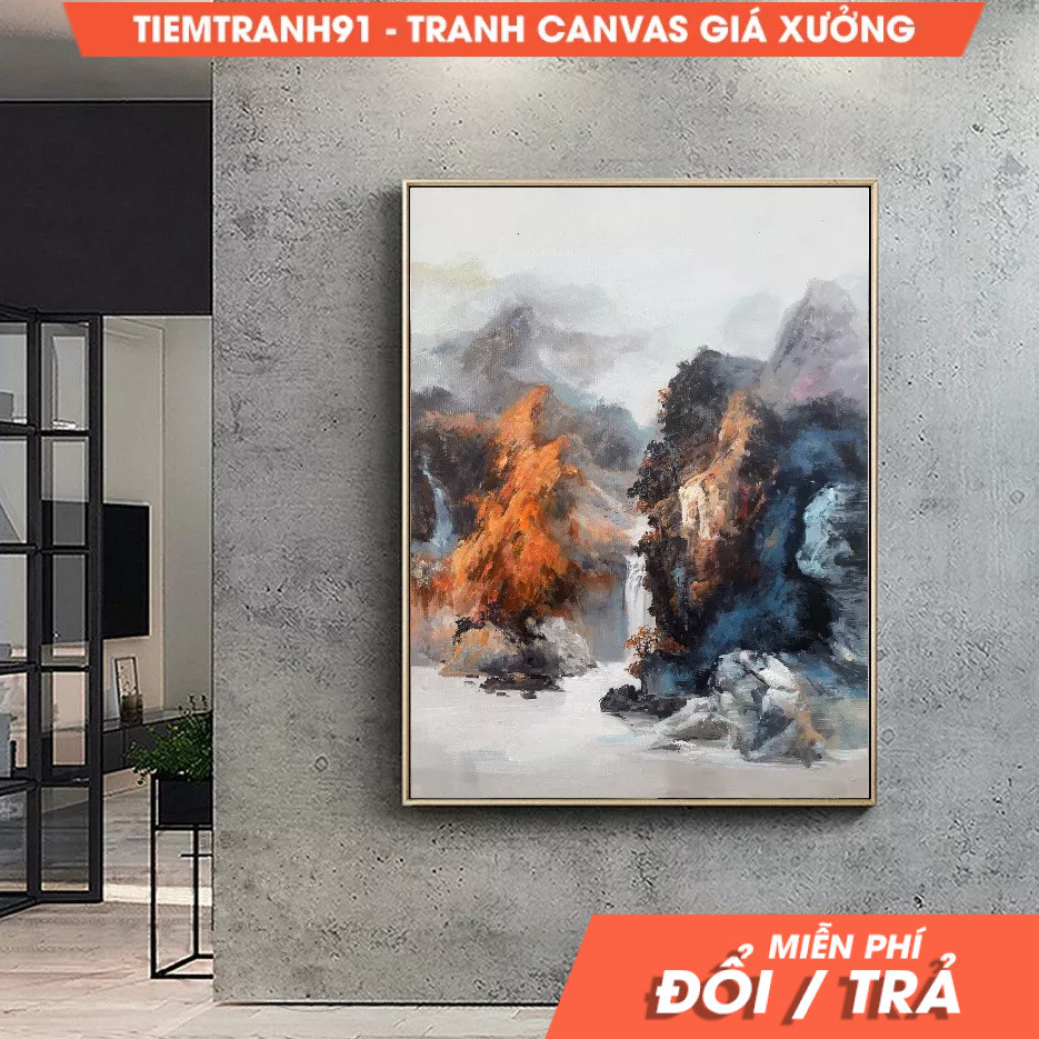 Tranh treo tường, Original Waterfall Landscape Painting, Large Mountain Landscape Painting on Canvas