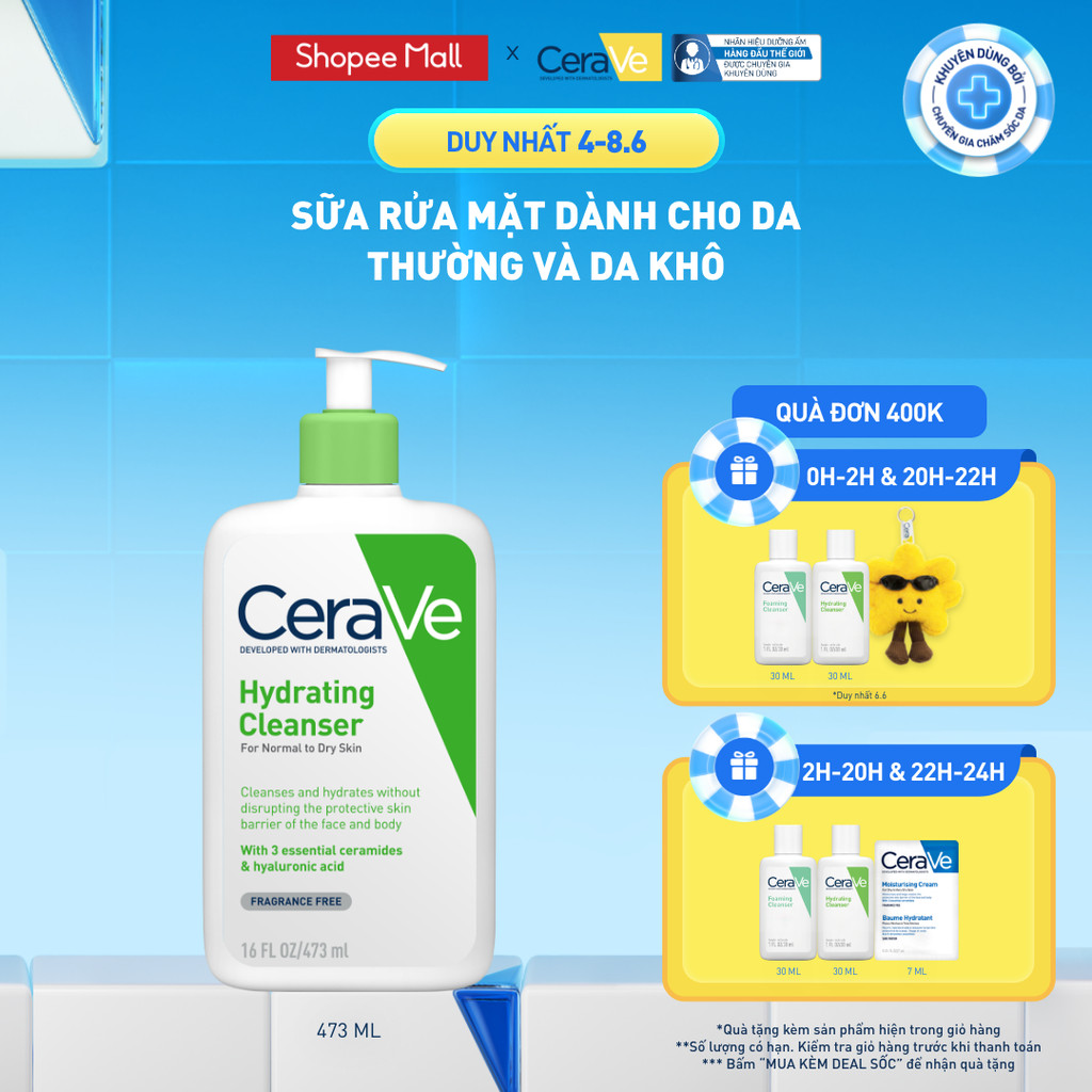 Sữa rửa mặt giúp làm sạch sâu dành cho da thường và da khô Cerave Hydrating Cleanser 473ML