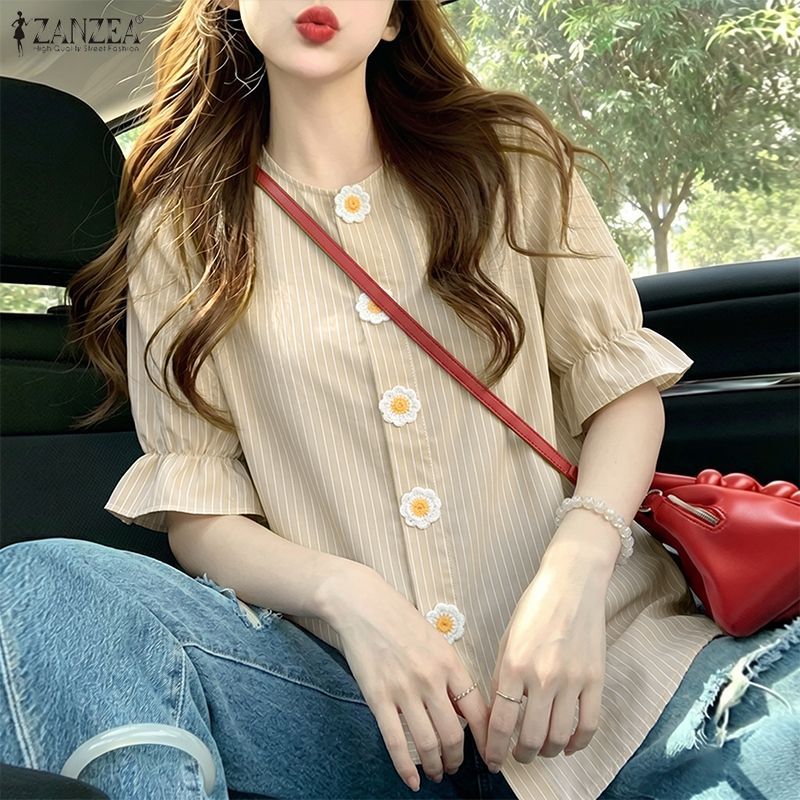 ZANZEA Nữ Hàn Quốc Sọc Màu Trơn 3D Hoa Cổ Tròn Tay Ngắn Rời H-Line Áo | BigBuy360 - bigbuy360.vn