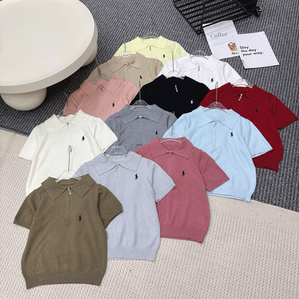 JANG STORE Áo len polo ngựa cổ bẻ khoá kéo tay cộc hàng qc A483 jang store