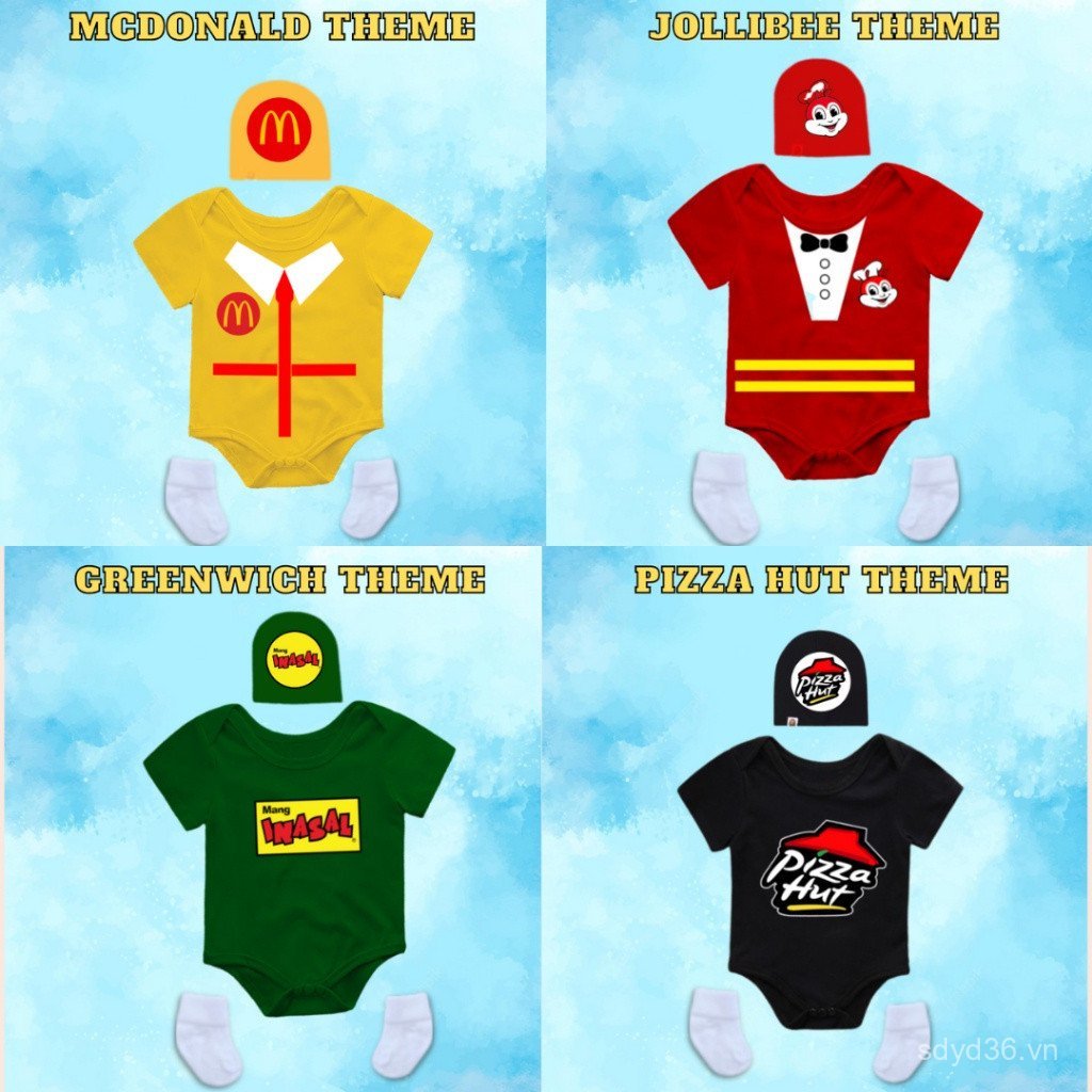 FULL SET 3 trong 1 Baby Milestone Onesie Romper Fastfood Theme Jollibee Mcdo Mang Inasal Pizza Hut H