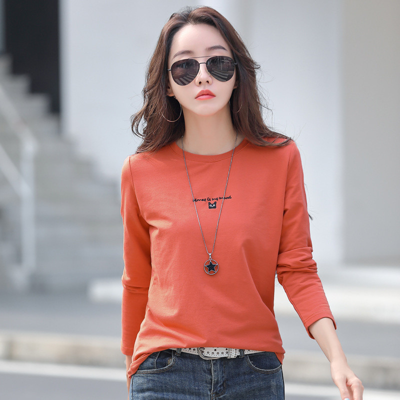 Cổ Tròn Dài Tay Áo Thun Nữ Thu Đông Thêu Phiên Bản Hàn Quốc Kích Thước Lớn Đáy Áo 95 Cotton Cross-