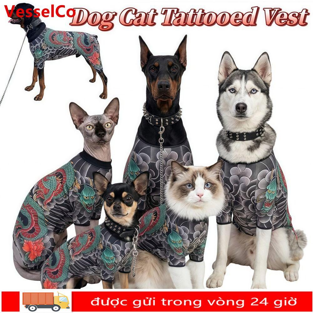 VESSELCO Dog Cat Tattoo Jacket, Áo Vest hình xăm thú cưng bốn mùa vui nhộn, Sáng tạo giống như thật 