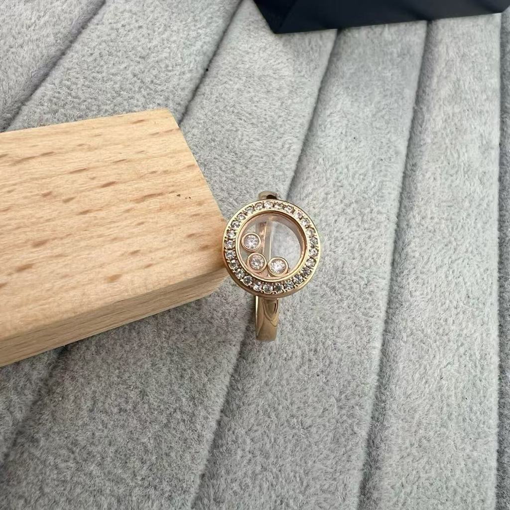 Full diamond round three-diamond sliding ring, happy diamond rose gold ring