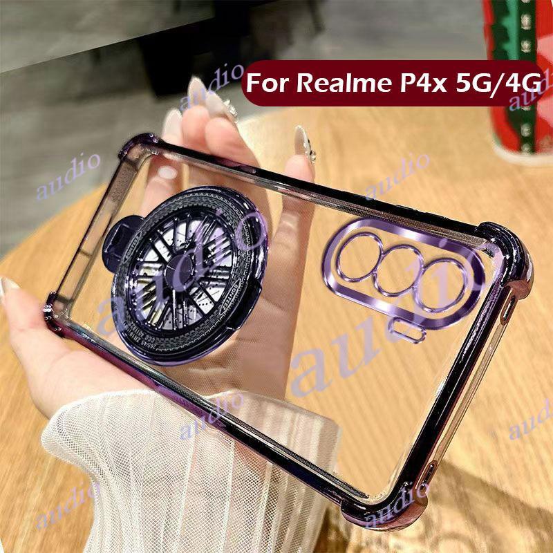 Ốp điện thoại trong suốt mạ bốn góc Realme P4x 4G 5G có giá đỡ cối xay gió cho realme P4x P4 Lite Po