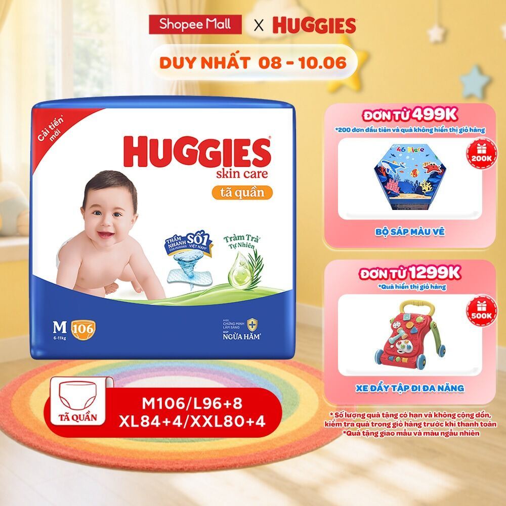 Tã quần Huggies Skincare Mega Jumbo M106/L96+8/XL84+4/XXL76+4 với tràm trà dịu da