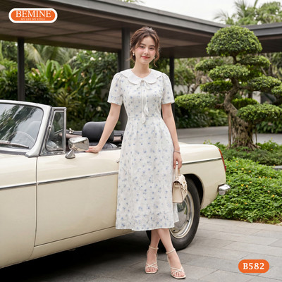 Đầm thiết kế BEMINE cổ phối bướm cách điệu in hoa dáng chữ A phù hợp đi chơi-B582
