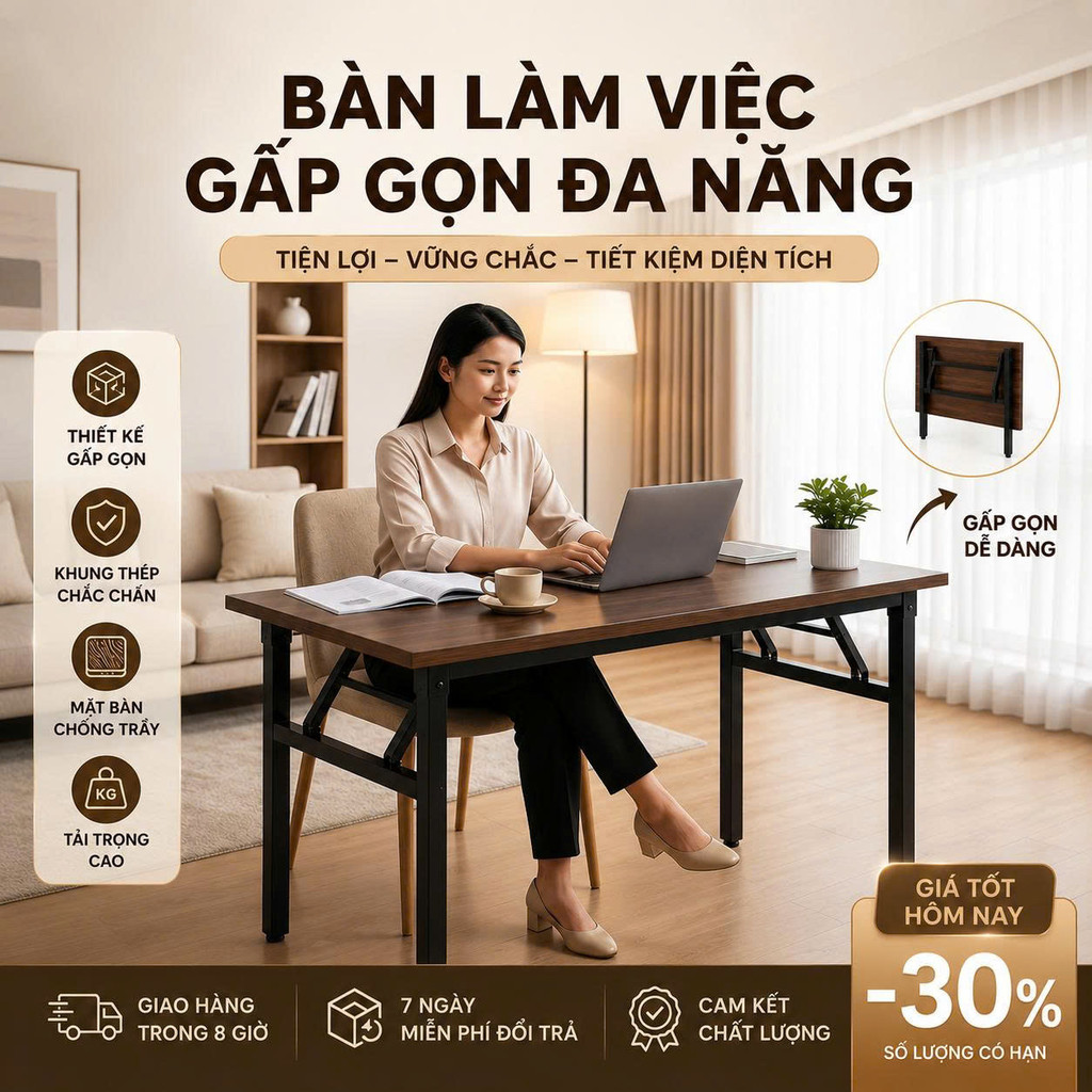 Bàn học, bàn làm việc chân gấp gọn cao 75cm
