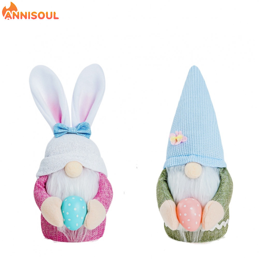 [NISO]Set of 2 Easter Bunny Plush Dolls with Blue Hats Rabbit Ears Soft Cloth Material