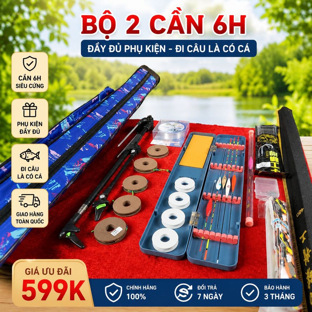 Combo Cần Câu Cá 5H 4m5 Ngẫu Nhiên Đầy Đủ Phụ Kiện Như Hình - Phù hợp câu cá rô - cá diếc - cá chép