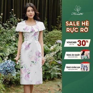 Đầm HeraDG dáng ôm chữ A bản vai ngang xếp ly họa tiết hoa cẩm tú cầu thanh lịch, chất tafta cao cấp SDPBD2015