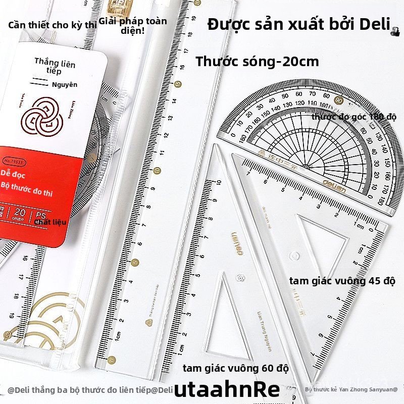 Bộ thước kẻ Deli dành cho học sinh, bộ văn phòng phẩm học sinh, thước kẻ, thước tam giác, thước thẳn