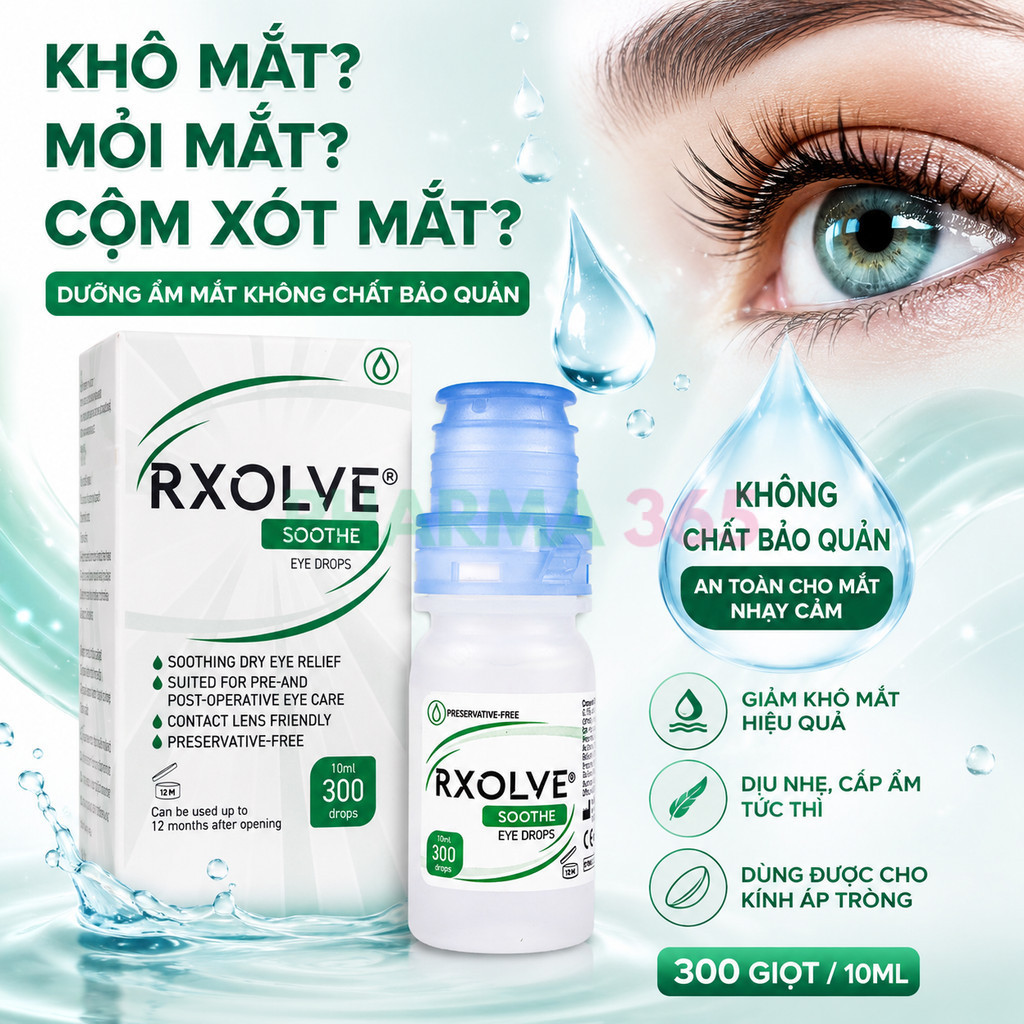 Nhỏ Mắt RXOLVE SOOTHE EYE DROPS - Nước Mắt Nhân Tạo, Dưỡng Ẩm Mắt, Giảm Khô Mắt, Dịu Mắt, Ngứa Mắt, 
