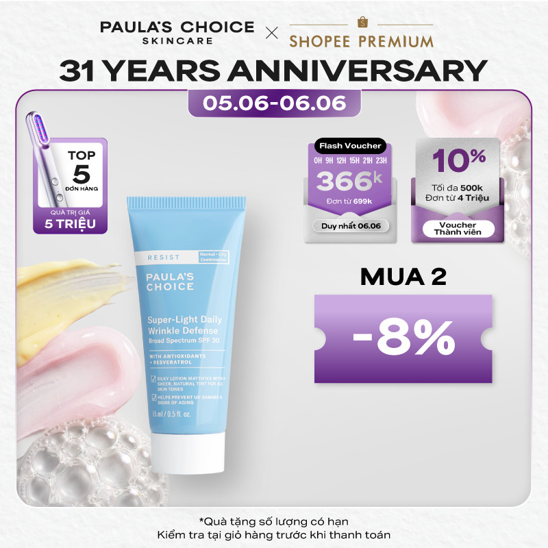 Kem chống nắng nâng tone cấp ẩm Paula's Choice Resist Super-Light Daily Wrinkle Defense Broad Spectrum SPF 30 15ml 7767