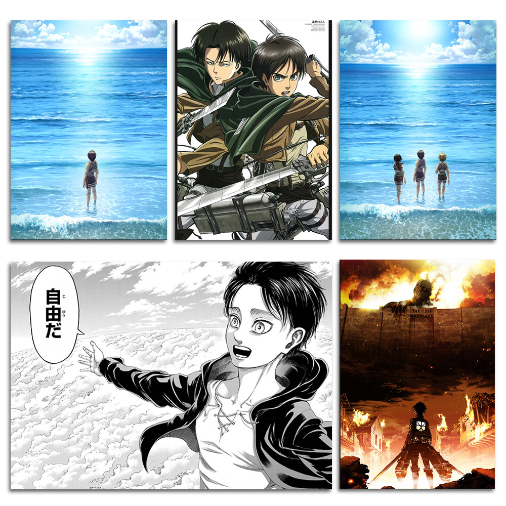 Tranh Dán Tường Attack on Titan Poster Eren Yeager Levi Ackerman Mikasa Armin Cảnh Biển Có sẵn keo d