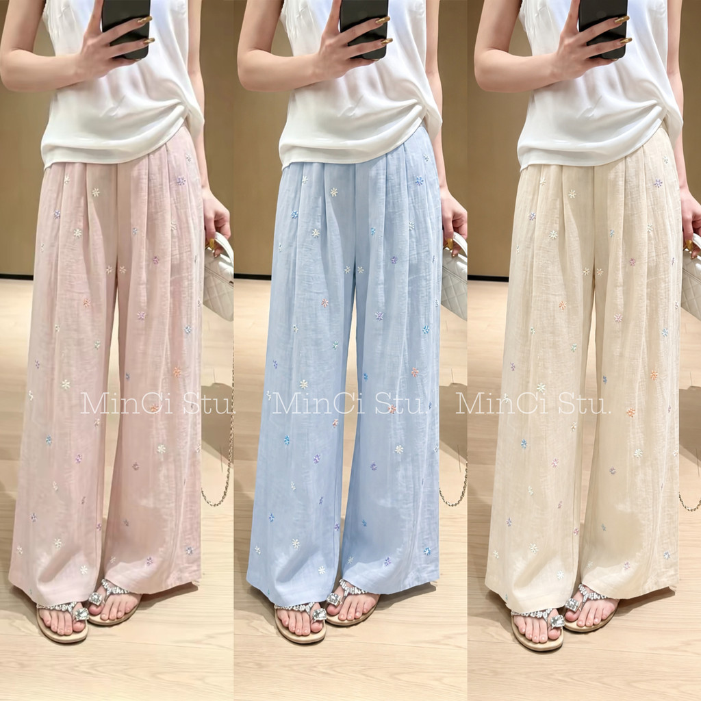[Có Dáng Nấm] Quần Suông Ống Rộng Nữ Cạp Chun Thêu Hoa 2 Lớp Chất Đũi Linen Mặc Mát Tôn Dáng Có Quần