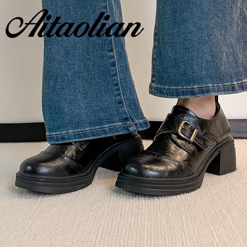 (Size 34-40) Da Thật Chính Hãng 6cm Brogue Khắc Giày Nữ Giày Đế Giày Nữ Nữ Giày Da Phong Cách Anh Gi