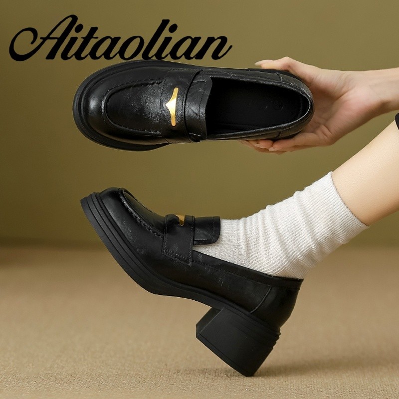 (Size 34-40) Da Thật Chính Hãng 6cm Brogue Khắc Giày Nữ Giày Đế Giày Nữ Nữ Giày Da Phong Cách Anh Gi