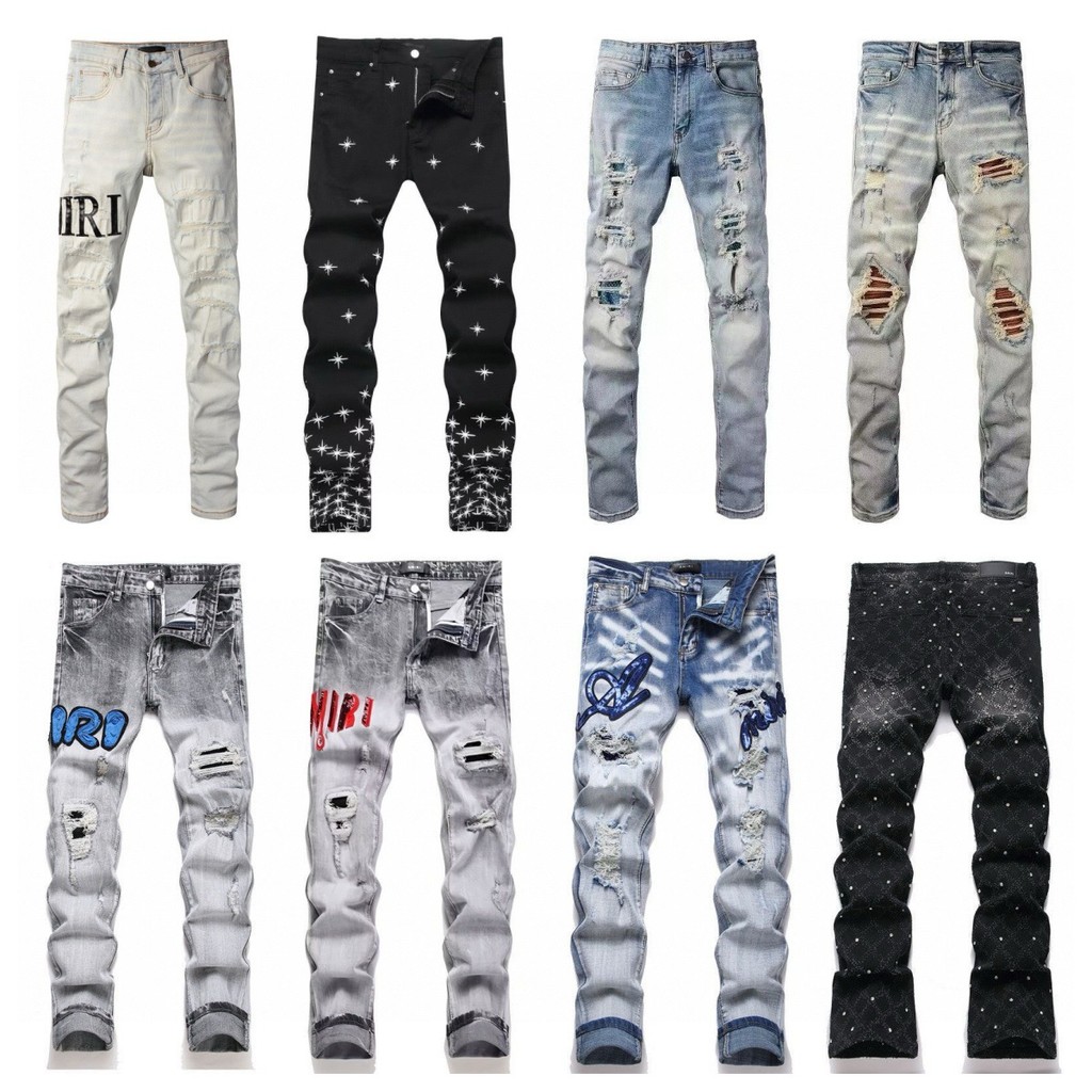 Xuyên Biên Giới Mỹ AMIRI Micro-Flared High Street Co Giãn Thêu Ngôi Sao Đen Slim-fit Skinny Quần Jea