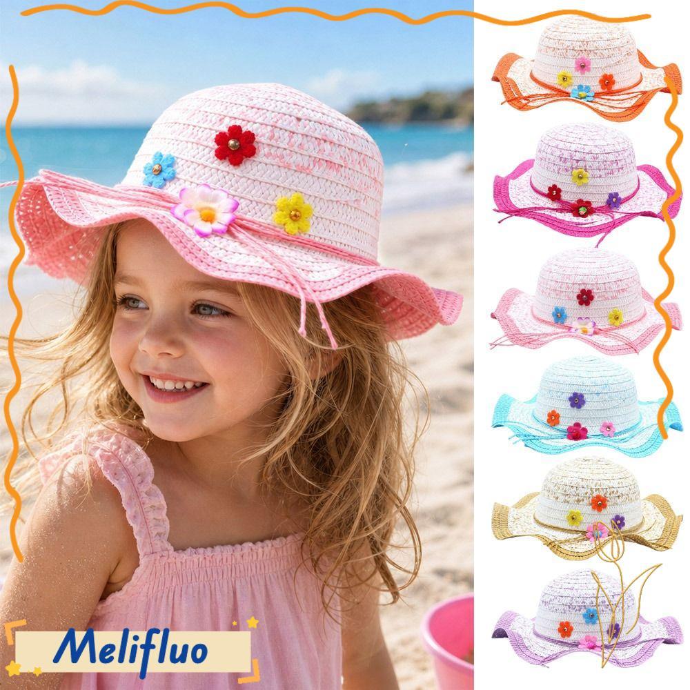 Mũ Rơm MELIFLUO, Mũ Chống Nắng Vành Rộng Handmade, Trang Trí Hoa Ngọt Ngào Mũ Đi Biển 3-7Year