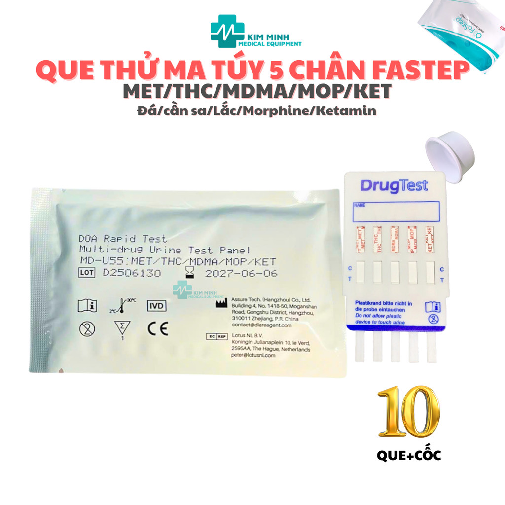 Que test thử ma túy 5 chân Fastep test nước tiểu tại nhà phát hiện ma tuý đá, cần sa, lắc, morphine,