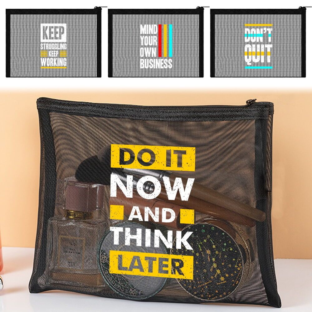 Hot Tas kosmetik Black Mini Mesh storage bag Coin storage bag Mesh Toiletry Bag phrase Print